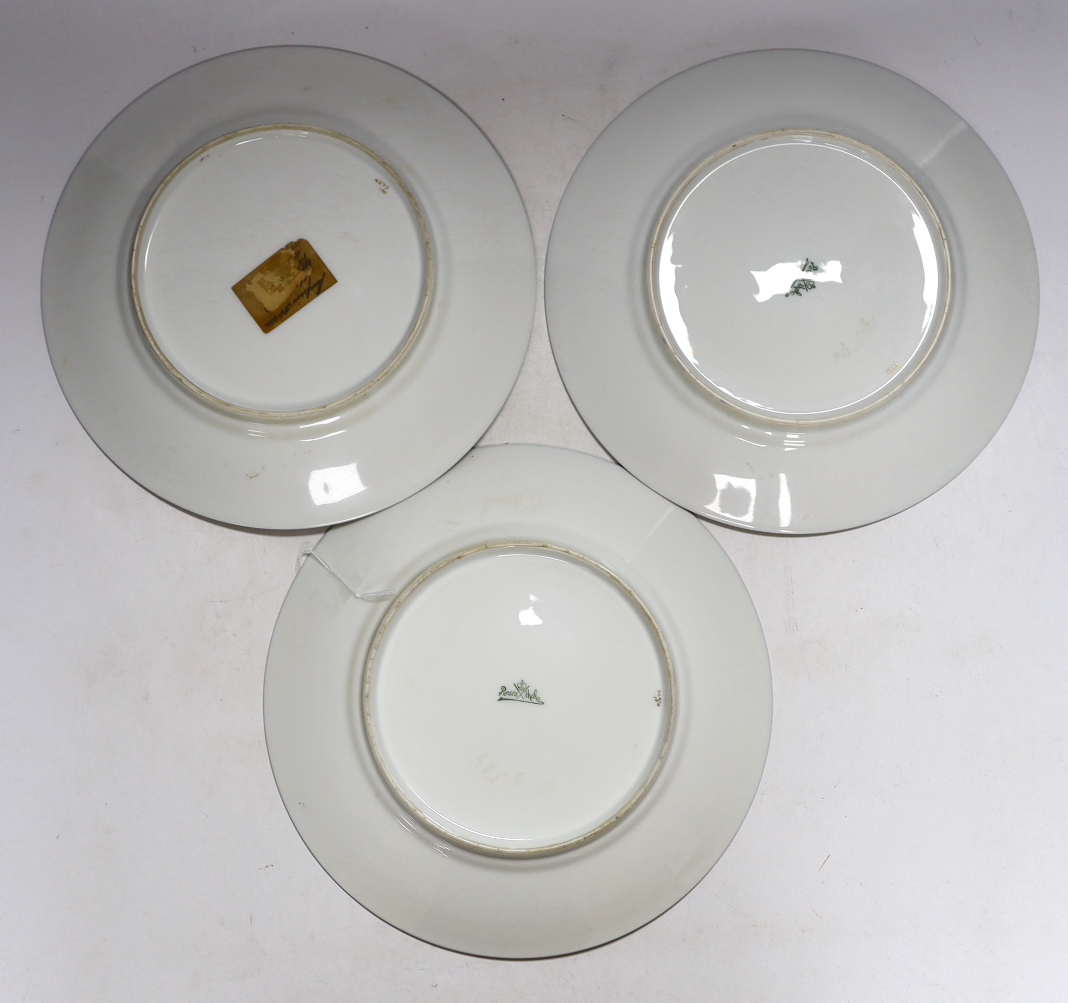 A set of three Rosenthal porcelain cabinet plates, decorated with classical females emblematic of the arts and music, 25.5cm